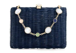 Hailey Wicker Basket Natural Stone Navy*Judith Leiber New