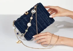 Hailey Wicker Basket Natural Stone Navy*Judith Leiber New