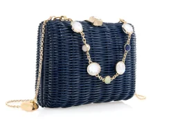 Hailey Wicker Basket Natural Stone Navy*Judith Leiber New